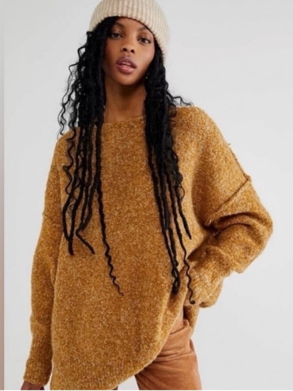 Free People Moira Slouchy Tunic Sweater Mustard Yellow Wool Blend Sz S